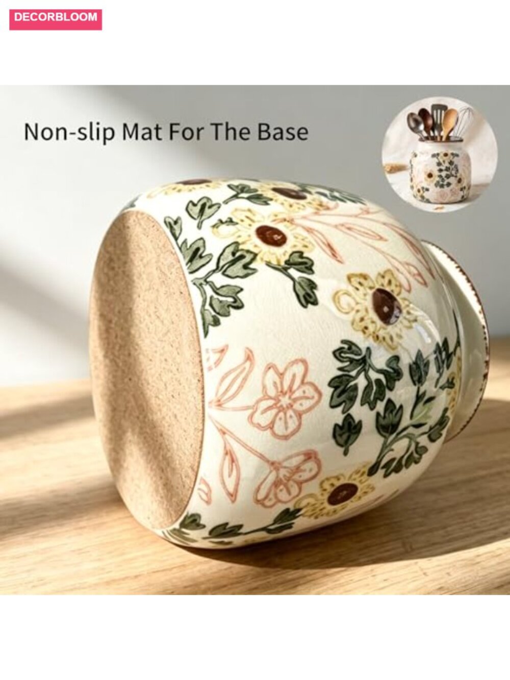 Crackle Glaze Ceramic Utensil Crock with Hand-Painted Flowers, Farmhouse - Picture 5 of 6
